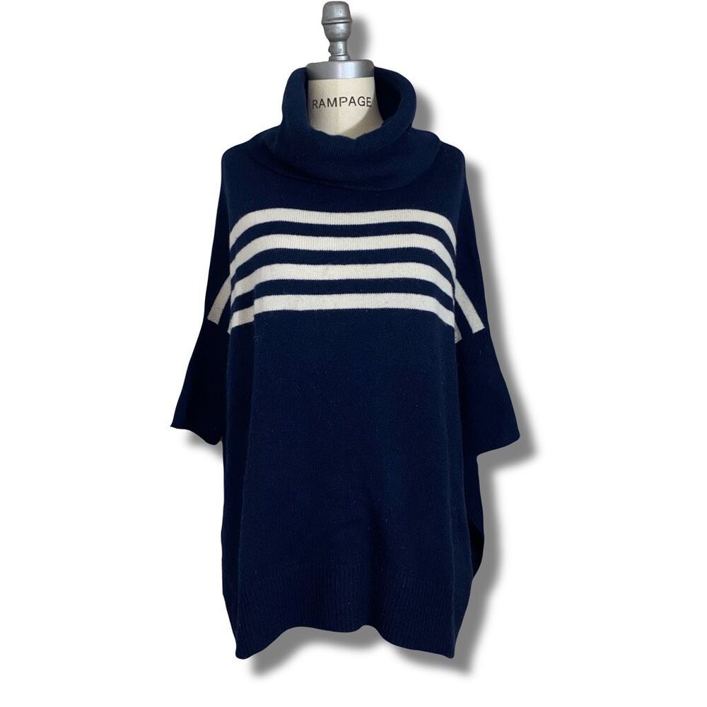Premise Cashmere Women’s Navy Blue/Cream striped Mockneck sweater sz Medium